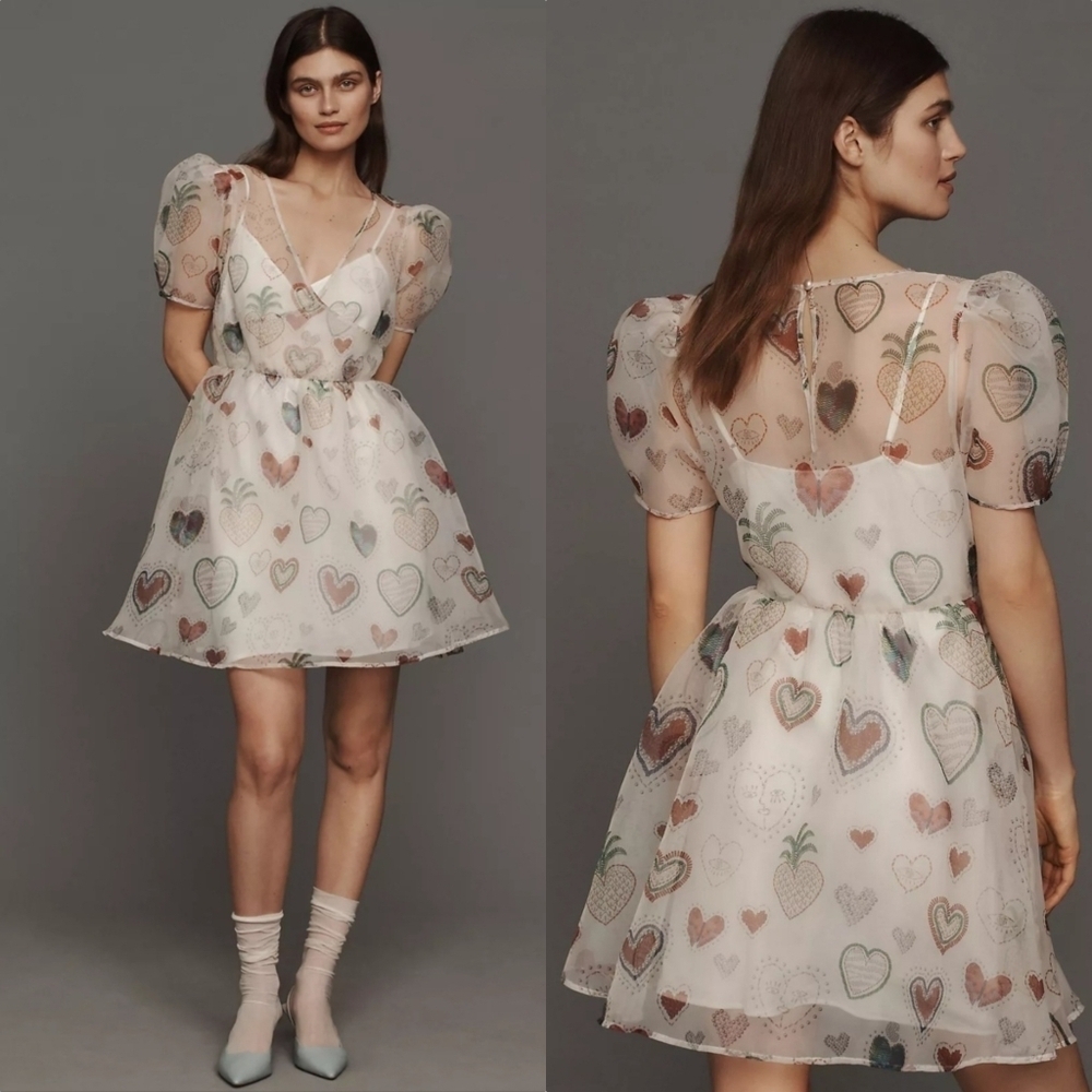 FARM Rio Anthropologie Sheer Heart Puff Sleeve Mini Dress In White Size L NWT